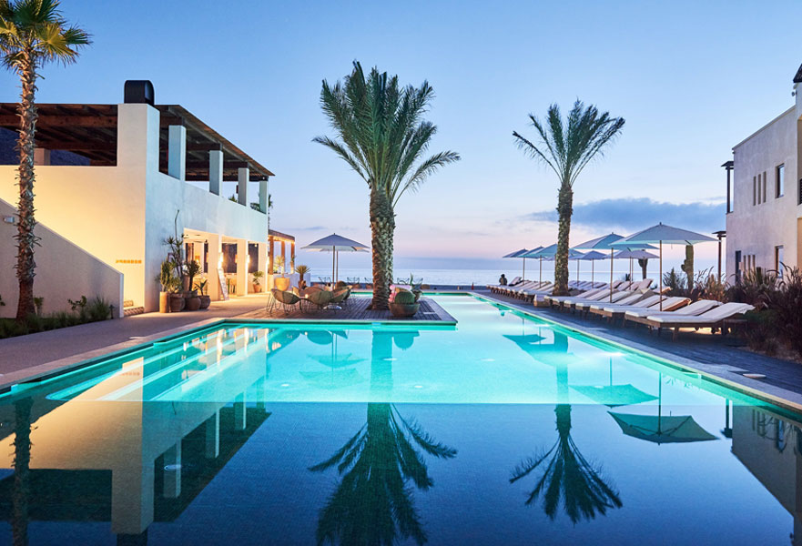 Stunning pool view at Hotel San Cristobal Baja in Todos Santos, Baja California Sur, Mexico.