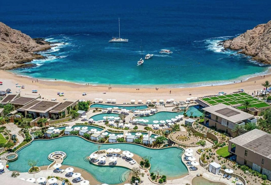 Montage Los Cabos Hotel with pool area and ocean views in Santa Maria Beach, Mexico. 