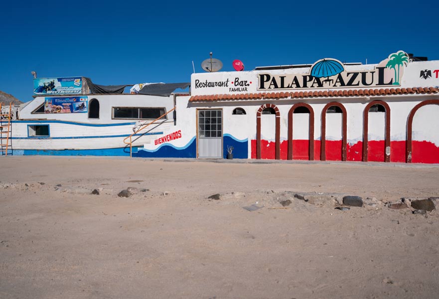 Restaurant bar "Palapa Azul" at El Tecolote Beach, La Paz, Mexico.