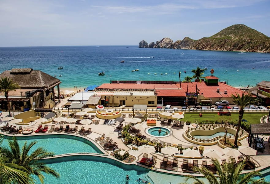 Casa Dorada pool area facing medano beach, resorts with swimmable beaches in Cabo, Mexico.