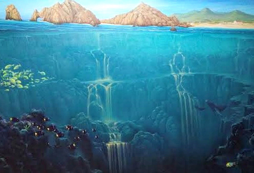 Illustration of sand fall below The Arc rock formation with whales and fish swimming nearby in Cabo San Lucas, Mexico.