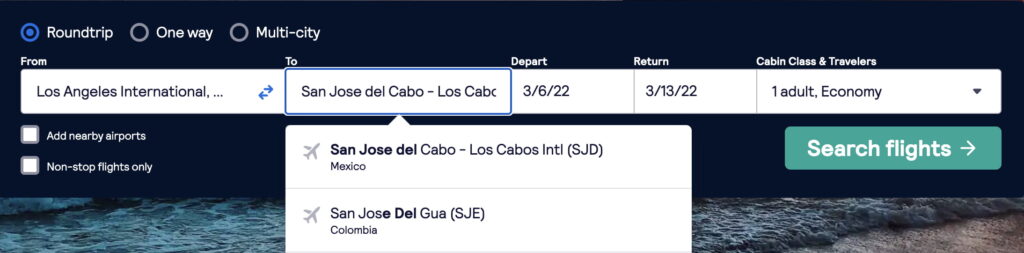 Skyscanner menu showing San Jose del Cabo as destination for traveling to Los Cabos, Mexico.