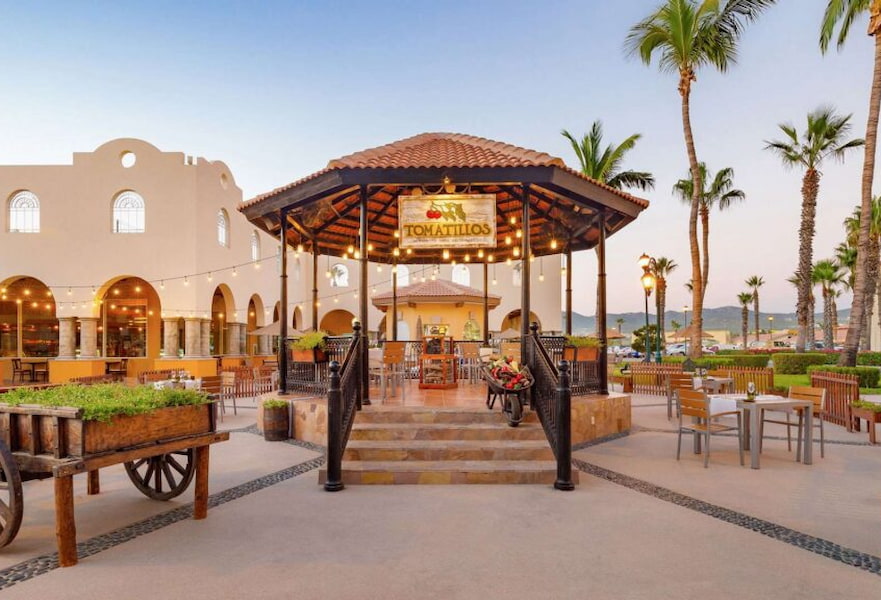 Outdoor seating area with a beautiful kiosk on the center at Tomatillos restaurant in Cabo San Lucas, Mexico.