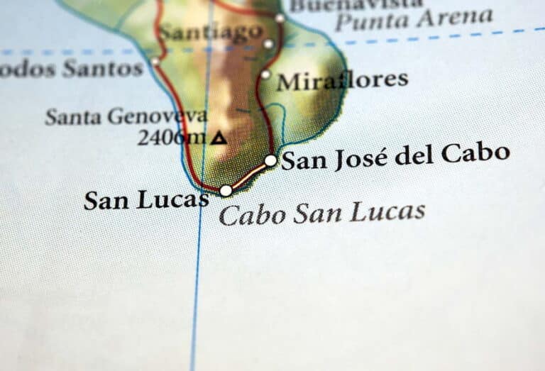 Los Cabos area map, pointing Cabo San Lucas and San José del Cabo, Mexico.