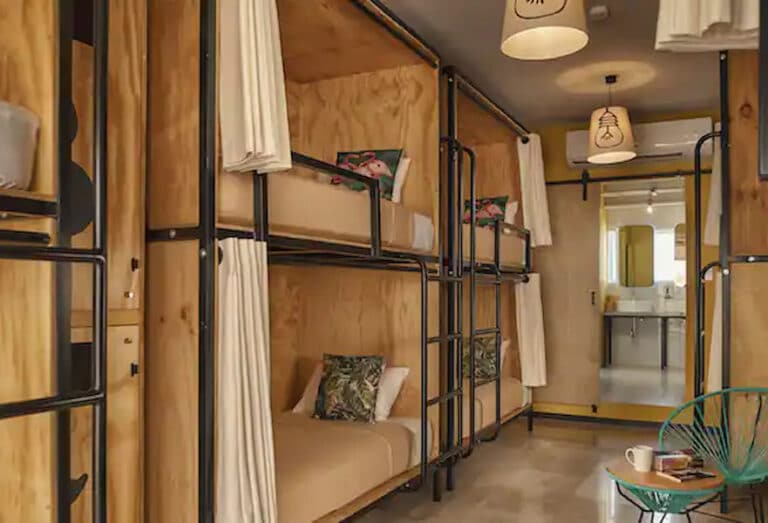 Cabo San Lucas hostel Mayan Monkey interior, shared room with four bunk beds, Mexico.