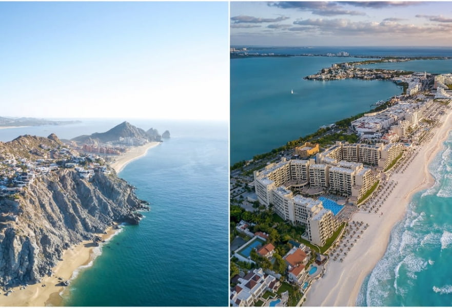 Aerial views of Los Cabos and Cancún with blue ocean, white sand and hotels displayed on the coast, Mexico.