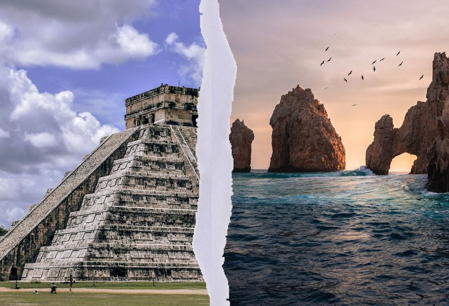 Cabo vs Cancún, Mexico, showing Chichen Itzá ruins and The Arc rock formation