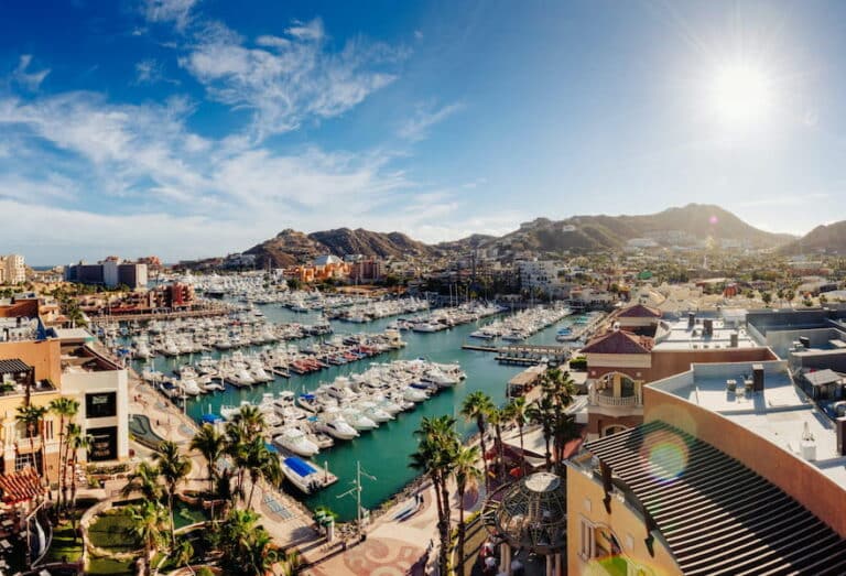 Aerial view of the Marina with dozens of sailboats, palm trees and blue skies, Cabo San Lucas, Mexico.