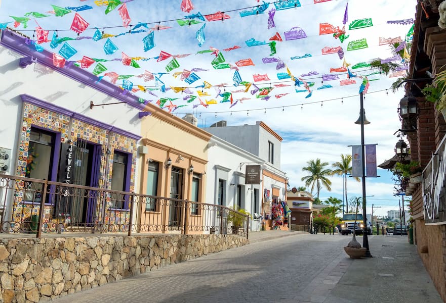 San Jose del Cabo downtown area with Mexican decor and colourful buildings