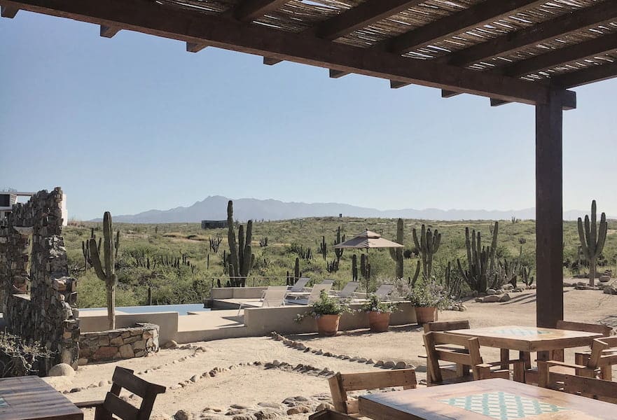 Desierto Azul outdoor lunch area with cacti field and mountains