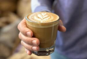 Coffee latte served at Docecuarenta, Baja California Sur