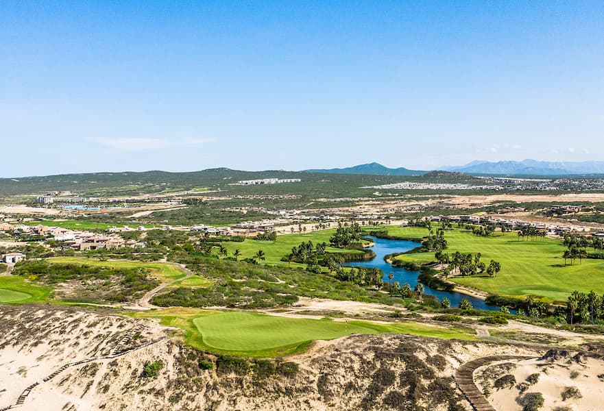 Diamante golf course (Dunes) panoramic view with greens, dunes and arroyos.