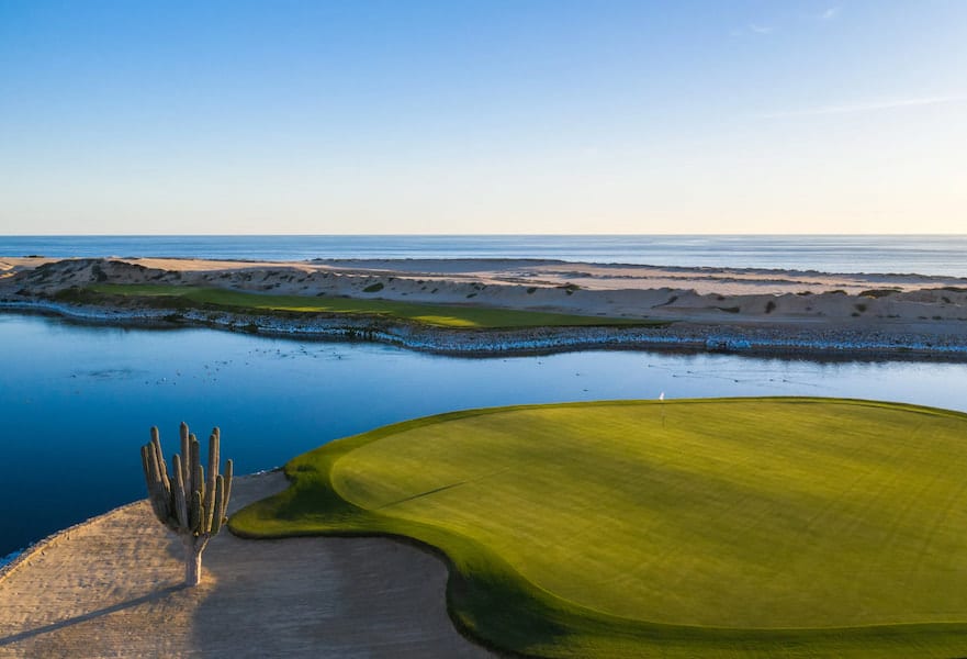 Panoramic view at Solmar Golf Links, showcasing a tidy green with a cactus and sea views in Cabo San Lucas.