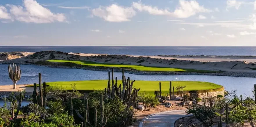 Golf course with panoramic ocean views and cacti in Cabo San Lucas